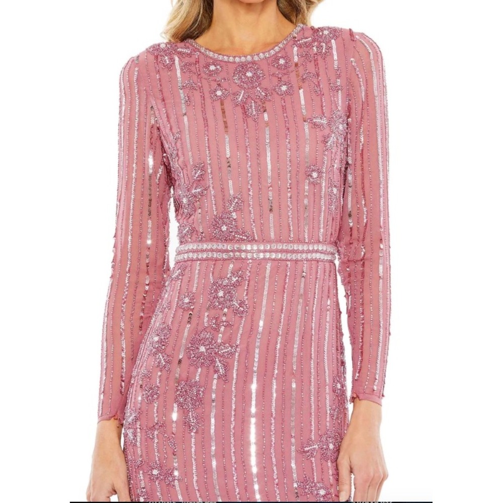 Mac Duggal 93627 Rose Pink Beaded Sequin Long Sleeve Tea‎ Length Dress Womens 24 - Picture 3 of 13